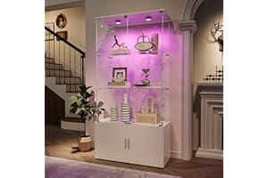 WOBOPCG Vitrina de cristal, vitrina de pie con LED, 3 capas de cristal y armario bajo de madera, vitrina con 4 puertas y cerradura, vitrina expositor para coleccionistas