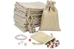 ZZXLOPEZ 50 Pièces Pochettes en Lin avec Cordon, 10x14cm Sachets en Jute, Petits Sacs en Tissu Sachet, Toile de Jute Pochettes, Sac Toile de Lin pour Bijoux, Maquillage, Artisanat, Fête, Mariage, Noël