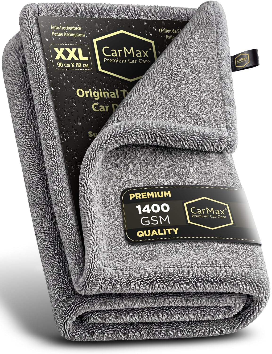 CarMax Originele drooghanddoek voor de auto, dubbelzijdig XXL, 90 cm x 60 cm, microvezel handdoek 1400 g/m² voor snel en streepvrij drogen