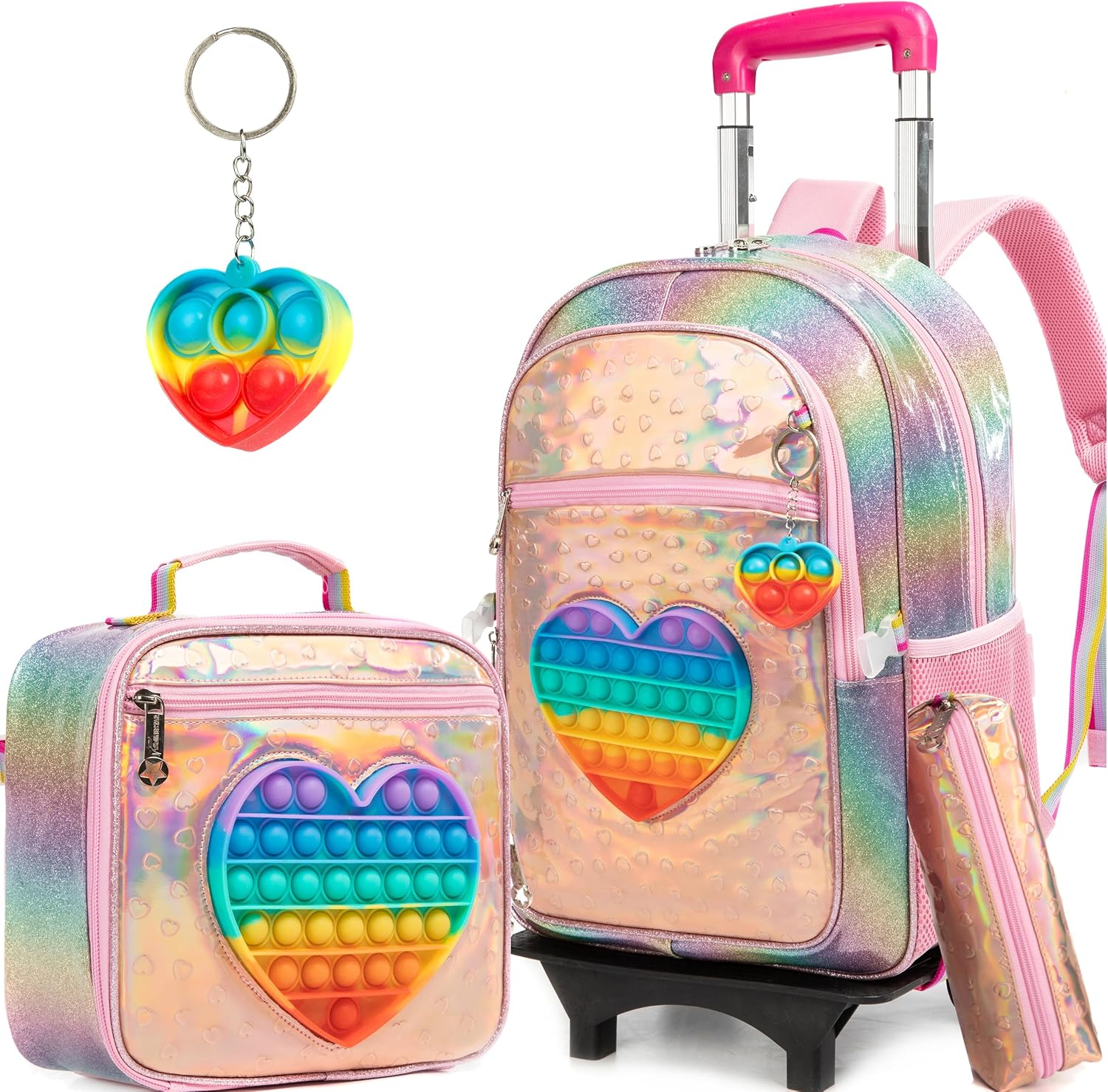 HTgroce Pop It Mochila Escolar con Ruedas Niña Fidget Toy Pop Its Mochilas con Carrito Escolares Bolso Popit Fidget Toy 3 in 1, Juguete Antiestrés y Ansiolítico Mochilas Escolares con Carro.