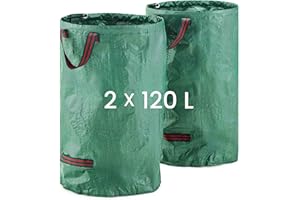 MOOWY Sacchetti per rifiuti da giardino in plastica resistente (2 x 120 l), autoportanti, robusti e riutilizzabili, con manici, sacchi da giardino in tessuto industriale resistente, per foglie