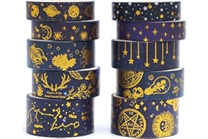 KAVI' S 10 rouleaux Washi Tape Set, Ruban Adhésif Décoratif Œuvre d’art inspirée Feuille d’or Masking Tapes pour Arts, Bullet Journal, Scrapbooking, Bricolage, Emballage (étoiles foncées)