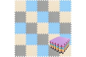 qqpp EVA Puzzle Tapis Mousse Bebe - Idéal pour Les Tapis De Jeux Enfant,18 Dalles(30 * 30 * 1cm), Bleu, Beige, Gris. QQC-GJLb18N