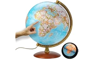 INTERKART National Geographic - Mappamondo illuminato in stile Classico -30 cm con base stabile e meridiano in metallo, immagine della mappa 2022 fisica/politica con luce LED, immagine della mappa italiana