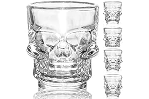 FLOW Barware Set di 4 bicchierini con teschio | Bicchieri da shot da 25 ml e 50 ml | Bicchierini per feste di Halloween | Set di bicchieri con teschio pressato durevole