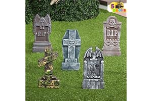 JOYIN 17” Halloween Foam Graveyard Tombstones (5 Pack), Yard Sign Headstone Decorations and 10 Bonus Metal Stakes for Halloween Yard Decorations RIP Tombstones