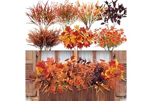 BlueCloudy 18 Bundles Autumn Flowers Plants Artificial Outdoors Fall Home Decor Orange Fake Grass UV Resistant Plastic Faux Large Stems for Hanging Baskets Indoor Garden Planter Halloween Thanksgiving