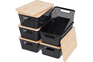 CITYLIFEHOUSE Citylife 6pcs Storage Boxes with Bamboo Lid,Woven Plastic Lidded Storage Baskets, Stackable Boxes,Small Box with Lid for Kitchen Bathroom Desktop Closet Classroom Office,Black