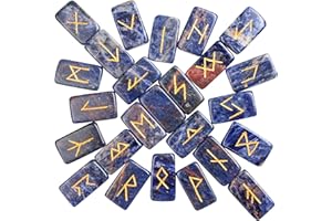 ZAICUS Sodalite Round Brick Shape Rune Stones Set with Elder Futhark Alphabet Engraved Symbol Pagan Stone Runic Symbol for Crystal Healing Chakra Balancing Spiritual Gift & Home Decor 20-25 mm