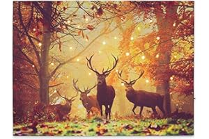 Nexos Trading LED Wandbild Leinwandbild mit Beleuchtung Fotodruck Hirsch 30x40 cm Kunstdruck Leuchtbild Effekt-LED Herbst-Dekoration Hirschrudel Mischwald Jäger Heimat