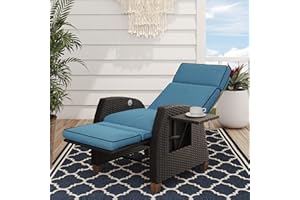 Grand patio Recliner Sun Lounger Adjustable Position Backrest Armchair with Flip Table and Cushion Lounge Chair Sunlounger for Garden, Yard, Patio, Outdoor - Peacock Blue Cushion & Brown Wicker