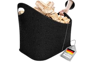 Xcelenze - XXL Wooden Basket for Firewood, Felt Basket, Extra Thick Felt & Reinforced Handles, Felt Bag, Foldable Also as a Shopping Basket, Car & Storage Basket for Wooden Newspapers (Black)