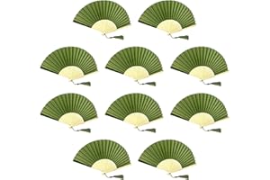 FANSOF.FANS Paquete de 10 abanicos de Mano de Tela con Borla de bambú de Grado A, para Recuerdos de Fiesta o Boda (Musgo/Verde Oliva)