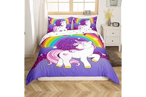 HOMEWISH Girls Unicorn Duvet Cover 135 x 200 cm Cute Rainbow Unicorn Print Duvet Cover Kids Cartoon Kawaii Duvet Cover Galaxy Stars Fantasy Girls Room Decoration Kids Unicorn Reversible Purple