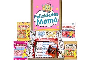 WIKIMARK Lote Regalo Día de la Madre Kinder y Haribo - Caja Bombones Regalo Día de la Madre - Incluye Kinder Bueno, Kinder Hippo, Gominolas Haribo, Kinder Chocolate Maxi. Lleva una Bonita ilustración.
