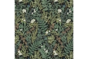 Yomshi Green Plants Self Adhesive Wallpaper 41cm×300cm Black Background Botanical White Small Flowers Waterproof Oil Resistant Wear Removable Plastic Roll Cabinet Walls