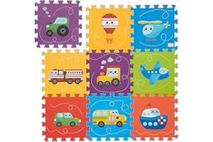 Relaxdays Mata do puzzli pojazdów, 9-częściowa mata do zabawy, nie zawiera substancji szkodliwych, zmywalna, pianka, mata do raczkowania dla niemowląt, kolorowa