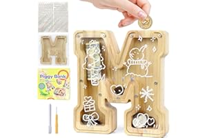 Mikytoper Money Box for Kids, Wooden Letter Piggy Banks for Kids, Personalized Money Box Clear Money Bank, Boys Girls Toddler Birthday Festival Gift (M)