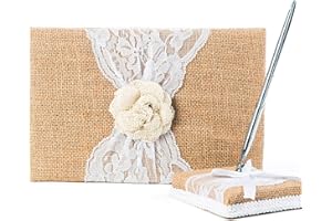 BETTERLINE Rustic Wedding Guest Book Made of Burlap and Lace - Includes Matching Pen Holder and Silver Pen - 120 Lined Pages for Guest Thoughts - Comes in Gift Box (White Flower)