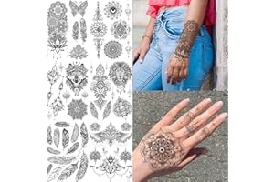COKTAK 6 Blätter Groß Einzigartige Schwarz Temporäre Tattoos Damen Frauen, Tattoos Zum Aufkleben Klebetattoos Erwachsene Mädchen, Sexy Feder Mandala Blume Lotus Tattoos Vorlagen Festival Accessoires