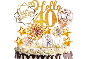 HCSSZ Tortendeko Geburtstag,Happy Birthday 40 jahre Kuchendeko Frauen mädchen,40. Cake Topper,Cupcake Topper mit Sternen Konfetti-Luftballons und Papierfächer für 40 Geburtstag