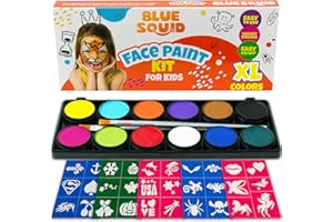 ‎BLUE SQUID Blue Squid Kinderschminke Set Große 12, 30+3 Schablonen für Gesichtsbemalung, 120ml Körperfarben in Profiqualität, Pinsel, Anleitung, sichere Gesichtsfarbe für empfindliche Haut, Halloween Schminke