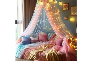 HANYUN Rainbow Mosquito Net Bed Canopy, Rainbow Bed Cover with 100 LED String Lights, Oversized Hanging Queen Bed Cover Bed Curtain Net for Infants, Kids, Girls or Adults, Double Bed