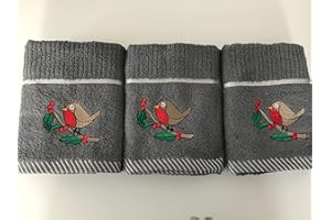 RIGGS Christmas Robin 100% Cotton Three Pack Kitchen Tea Towels in Grey for The Festive Season