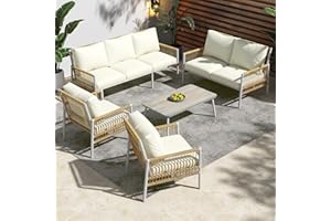 Oslghy Conjunto Jardín Exterior, Muebles de Balcón Lounge 5 Piezas, Salón de Jardín, Conjunto Terraza de Mueble de Balcón Lounge para 7 Personas con Mesa, Cojines de Asiento Extraíbles (Beige)