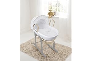 ELEGANT BABY Kinder Valley White Teddy Wash Day Palm Moses Basket with Deluxe Dove Grey Rocking Stand, Adjustable Hood & Padded Liner
