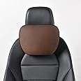 POKSRI Genuine Cowhide Leather Headrest car Neck Pillow,Head Support Rest Driver,11.8x7.5”Real Cow Leather,Suede,Plant-Based Polyester,refillable&Adjustable Travel Vehicle Cushion(Coffee,1p)