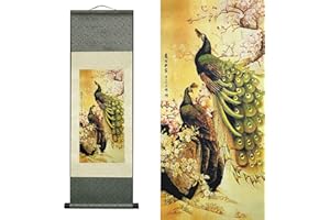 VALART Seide Scroll Malerei Asiatisch Wand Dekoration Seidenmalerei Vögel - Pfau - Cui Yu Pi Xia Schön Chinesische Kunstwandrolle Hängende Bildrolle Orientalisches Dekor (92 x 30 cm)