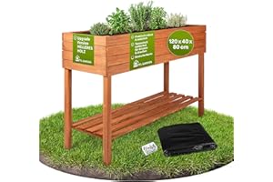 TTL GARDEN Balkon Hochbeet XL 120x40x80cm aus Holz - Pflanzkasten & Blumenkasten mit Ablageboden & Folie - Tannenholz wetterfest - Pflanzbeet Kräuterbeet Blumenbeet für Garten Balkon Terrasse Braun