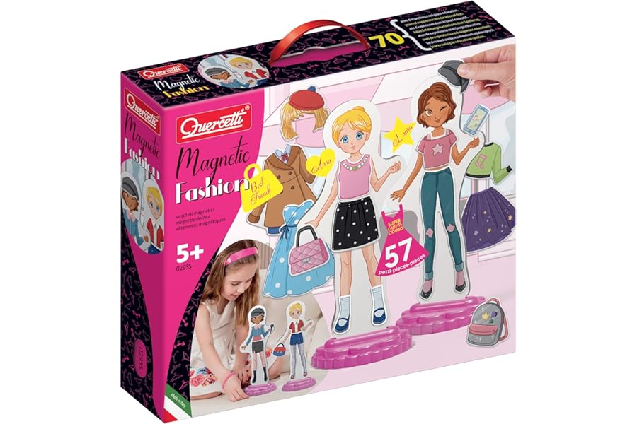 Quercetti Magnetic Fashion Box for Boys and Girls, Fashion Designer Doll Set, Arts and Crafts Kit for Ages 5+