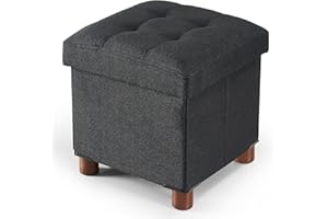 BRIAN & DANY Reposapies Salon 32x32x32.5cm, Lino Reposapies Sofa de Almacenamiento Tapizado en Esponja con Patas de Madera Maciza, Negro