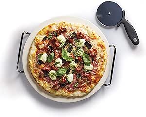 KitchenCraft KCPIZSTONE World of Flavours Pizza Stone and Cutter Wheel Set in Gift Box, Round, Ceramic, 2 Pieces, Beige, 32cm