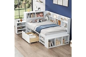 TZCIN Kinderbett 90x200 Einzelbett, Holzbett mit Stauschrank, Bücherregal, Regal und Schubladen, Flachbett Stauraumbett Funktionsbett Jugendbett, Bettgestell mit Lattenrost, Ohne Matratze, Weiß