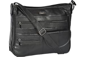 HOUSE OF LEATHER Womens Genuine Leather Organiser Multi Pockets Bag Messenger Style HOL998 Black