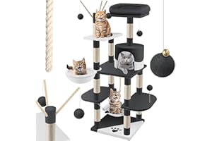 KESSER® Grattoir | Arbre à Chat XXL | Arbre d'escalade avec hamac, colonnes en sisal, Stable, abris, balles de Jeu, Jeu en sisal et Corde de Jeu, avec de Nombreuses possibilités de Jeux, Gris Blanc