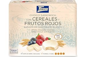 TIRMA, S.A. Tirma Sandwich di Biscotti Ripieni di Crema ai Frutti Rossi Ricoperti di Cioccolato Bianco | Fonte di Ferro e Vitamine | Da Portare con Sé | Biscotti Senza Uova | Confezione da 240gr, 6x40gr