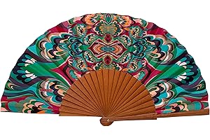 Tusitala Barcelona - Abanico Arabesco - Abanico Español de Madera y Algodón - Complemento de moda hecho a mano - Funda de Yute Natural Incluida - Regalo Original - 23 cm.