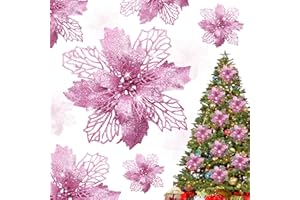 Shining She 10pcs Christmas Glitter Poinsettia Flowers Ornament, 5.9inch Artificial Christmas Flowers for Xmas Party Decoration, Xmas Tree Ornaments Decor, Pink