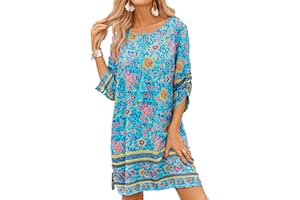 Zeagoo Women Dresses Bohemian Floral 3/4 Sleeve Summer Casual Beach Dress Tunic Dress for Ladies