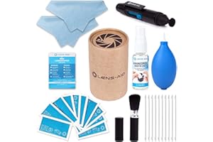 Lens-Aid Kit di pulizia fotocamera e obiettivi 8-in-1 (detergente liquido, mantice, pennello obiettivi, penna pulizia lenti, panno microfibra e altro) regalo fotografo Lens-Aid DSLR
