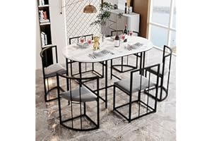 Jtyca Table and Chairs, Dining Table and Chairs Set 6(7 Pieces), White Tabletop, Chair with Backrest and Grey Cushion, Modern Dining Table Combination for Dining Room (Black)