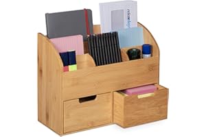 Relaxdays Schreibtisch Organizer, 6 Fächer, 2 Schubladen, für Büroutensilien, Bambus, Briefablage, 26x33x13,5 cm, natur