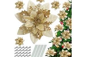 Serwalin 20pcs 14cm Weihnachten Blumen künstliche Gold Blumen Dekorationen mit Clips Stiele Glitter Weihnachtsbaum Ornamente Weihnachten Hochzeit Party Kranz Girlanden DIY (Gold)