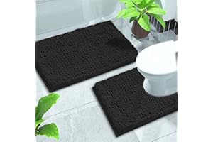 GVTECH Bath Mat Set 2 Pieces, Chenille Non-Slip Back 50x80 cm Bathroom Mat & 50x60 cm U Shape Toilet Rug Fleece Softness, Highly Absorbent, Bathroom Carpet, Super Soft Microfiber Bath Rug (Black)