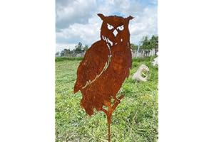‎STEINFIGURENWELT GIEBEN Eule seitlich auf AST 50x27cm + Stab Gartenstecker Edelrost Gartendeko Rost Metall Rostfigur Uhu von Steinfigurenwelt