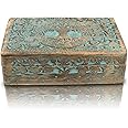 Great Birthday Gifts Handmade Decorative Wooden Jewelry Box Tree Of Life Carving Jewelry Organizer Keepsake Box Treasure Chest Trinket Holder Watch Box Storage Lock Box Housewarming Gift (Blue)